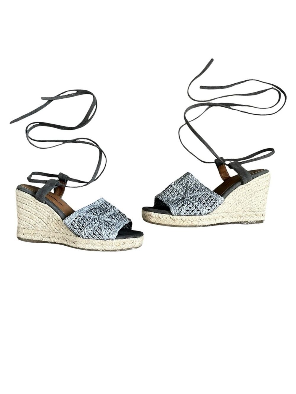 Anthropologie Women’s Blue Woven Lace Up Strappy Wedge Jute Sandals Heels 38